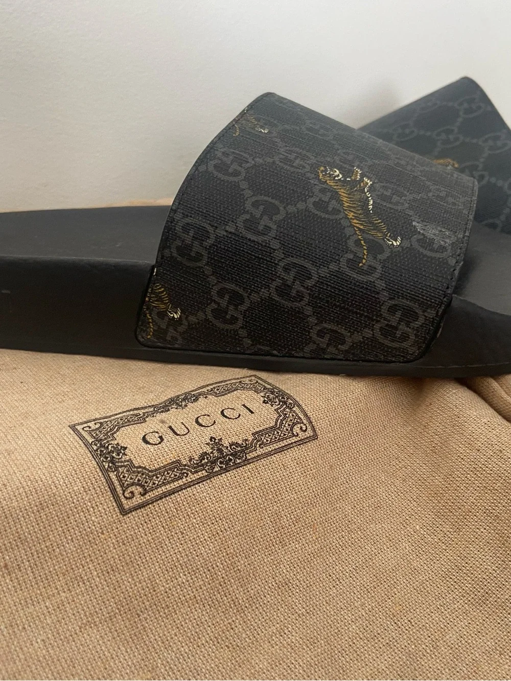 Authentic Gucci Black GG Monogram Men Slide Sandals with Embroidered Gold Tigers